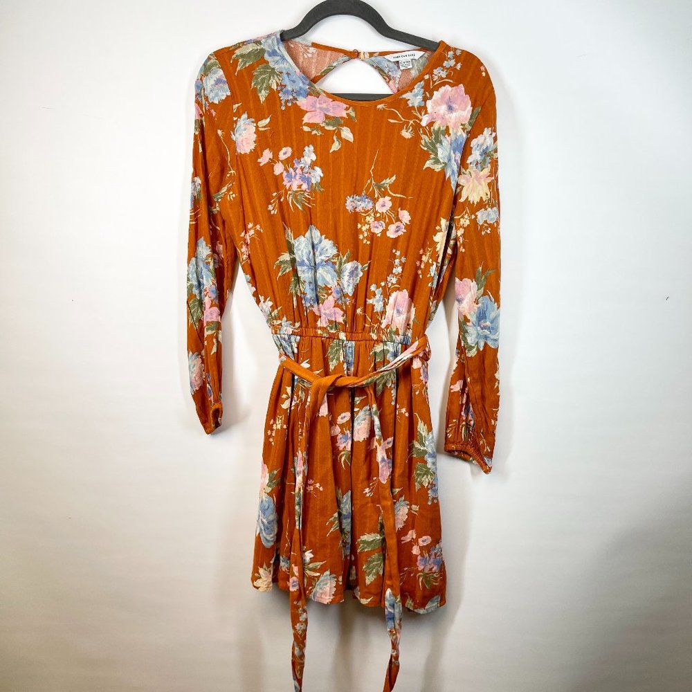 American Eagle Women's Orange Long Sleeve Floral Open Back Midi Dress Size XS